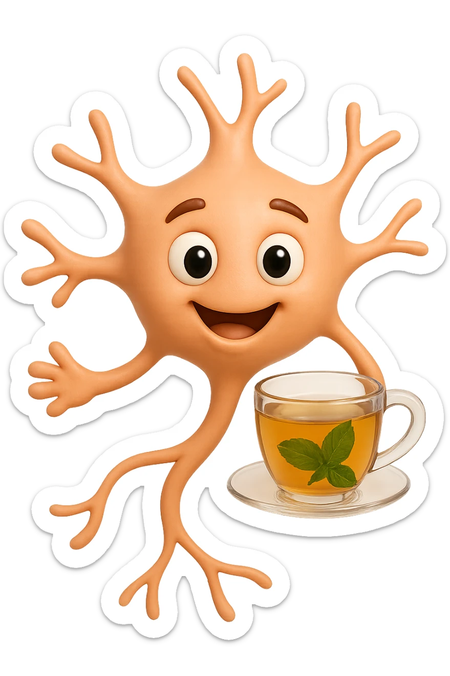 emoji stile iphone 3d di un neurone che fluttua in aria insieme ad un tè alle erbe, iperrealistico 4k sticker