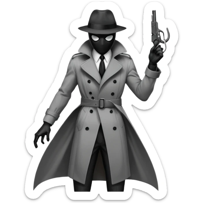 Die-cut sticker of Spider-Noir, monochrome black and grey palette, trench coat fluttering, 1940s detective aesthetic. Sharp edges, heavy shadows, white border, isolated on white background, high detail. sticker