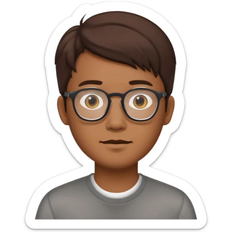 Asian male, with goatie, wearing glasses, medium length hair, brown sticker