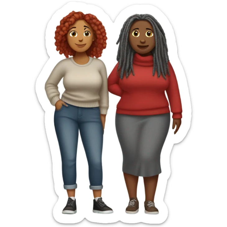 Curvy woman with gray locs wearing pants , other curvy woman is brown with red locs in a knee-length dress with a cozy sweater, shopping in yardsale sticker