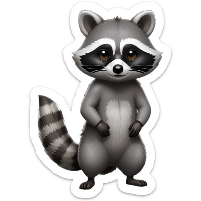 Cinematic-Raccoon-Realistic-Full-Body-Standing on all fours-Emoji – Tail flicking lazily, head tilted dramatically, thick grey fur with a signature black mask, sharp and alert ears, simplified yet realistic focused features, highly detailed, glowing with an almost sarcastic glow. sticker