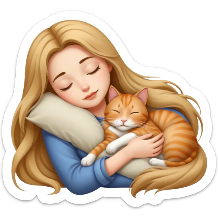 Generate a picture of a beautiful girl with long hair sleeping with a cat sticker