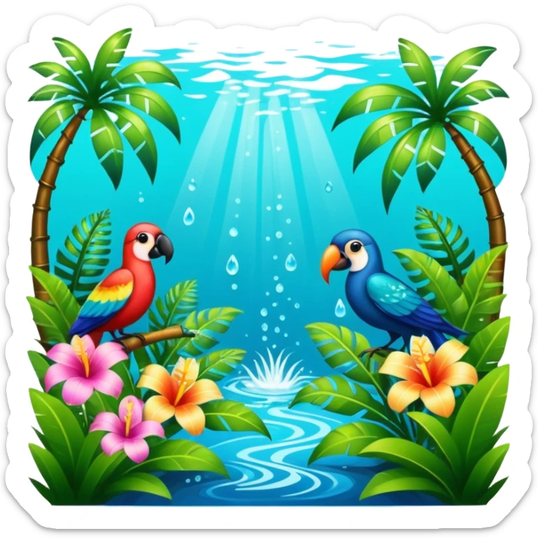 Lush exotic tropical sparkly colorful flowery jungle nature glittery water tropical birds scenery  sticker
