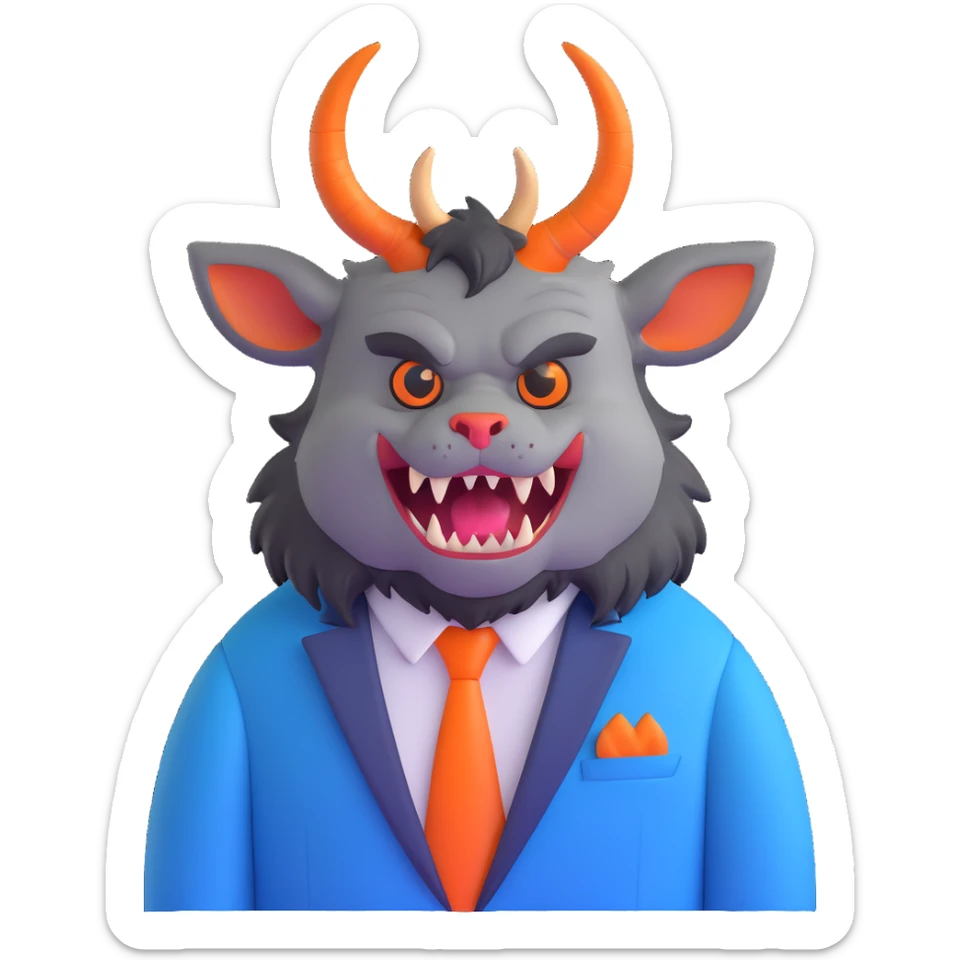 Beast from Beauty and the Beast, furry creature with horns and fangs wearing a blue formal jacket sticker