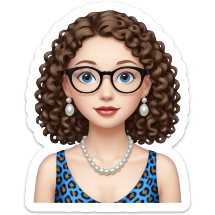 a blue eyed woman with very long brunette curly hair, full lips,and really pale skin. She is wearing a leopard printed thin round-ish glasses . She is wearing fully plain silky black dress. She is wearing pearl necklase and pearl earrings. saying hello sticker
