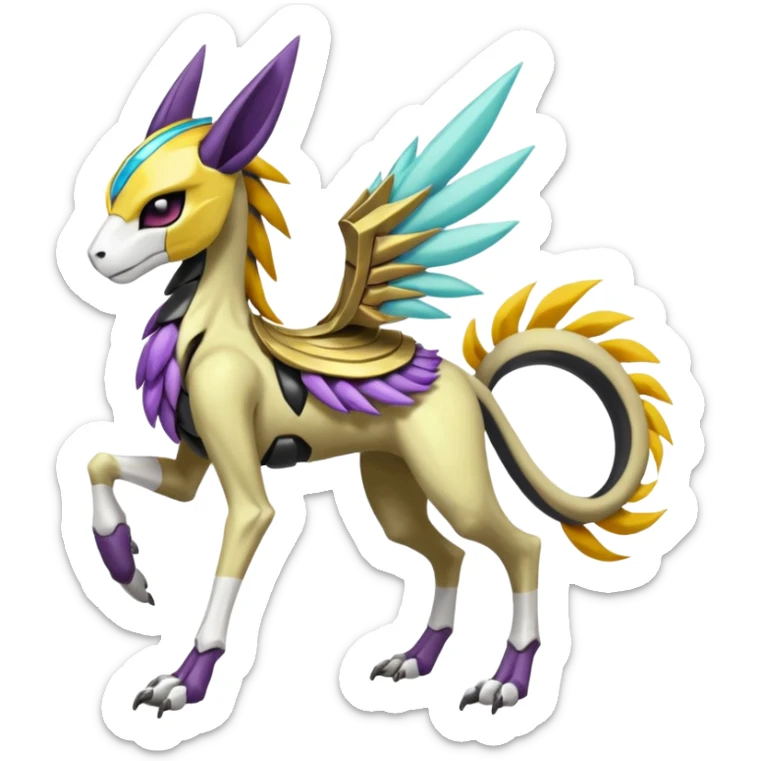 Colorful Skeletal masked armored Meloetta-Manectric-Solgaleo-Raikou-Pokémon-Digimon-Fakémon-fusion-hybrid-creature, full body sticker