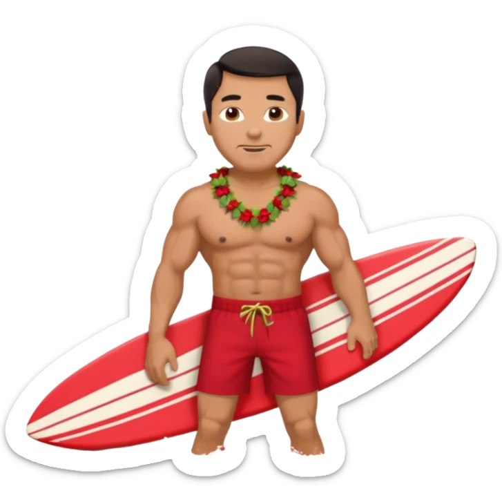 Dark-haired tan muscular 50 year old man with red shorts and shell lei surfing sticker