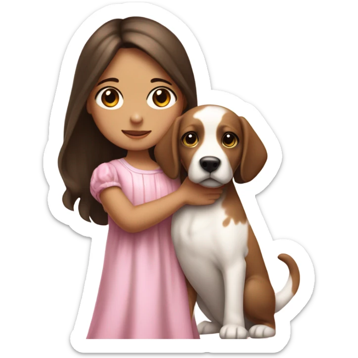 Little Girl with White skin, black eyes. Long brown hair with. She is wearing a pink and White dress, standing and holding on to a dog sticker