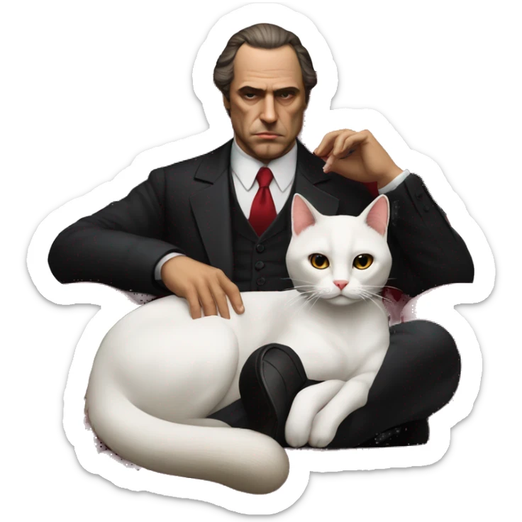 don corleone as a woman as a mafia boss sitting on a red chair petting a white cat on his lap sticker