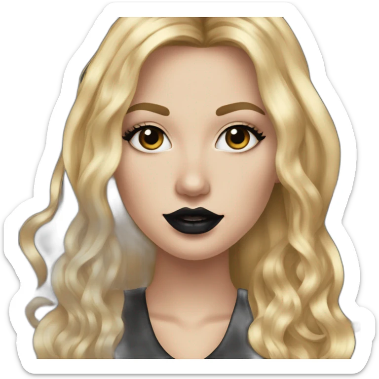 white girl with large gold hoop earrings wearing a black dress, with long hair, with black lips and makeup, pierced nose and ears, gold jewelry  sticker