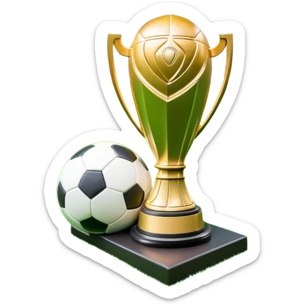 A football resting on the green grass of a soccer field, with goalposts and field markings in the background. In the foreground, the UEFA World Cup trophy gleams, symbolizing the pinnacle of football achievement, adding an element of prestige and competition to the scene. sticker