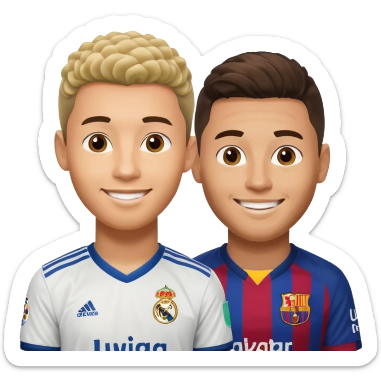 Prime noodle hair ronaldo and prime 2012 messi Smiling in one Photo and make it realistic Ronaldo wearing Number 7 With Madrid and Messi wearing number 10 with barca  sticker