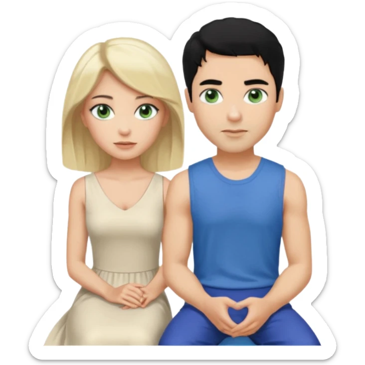 prince,  black Hair, blue eyes, garment,  woman, siiting in man white sleveless dress, blonde hair, green eyes, sticker