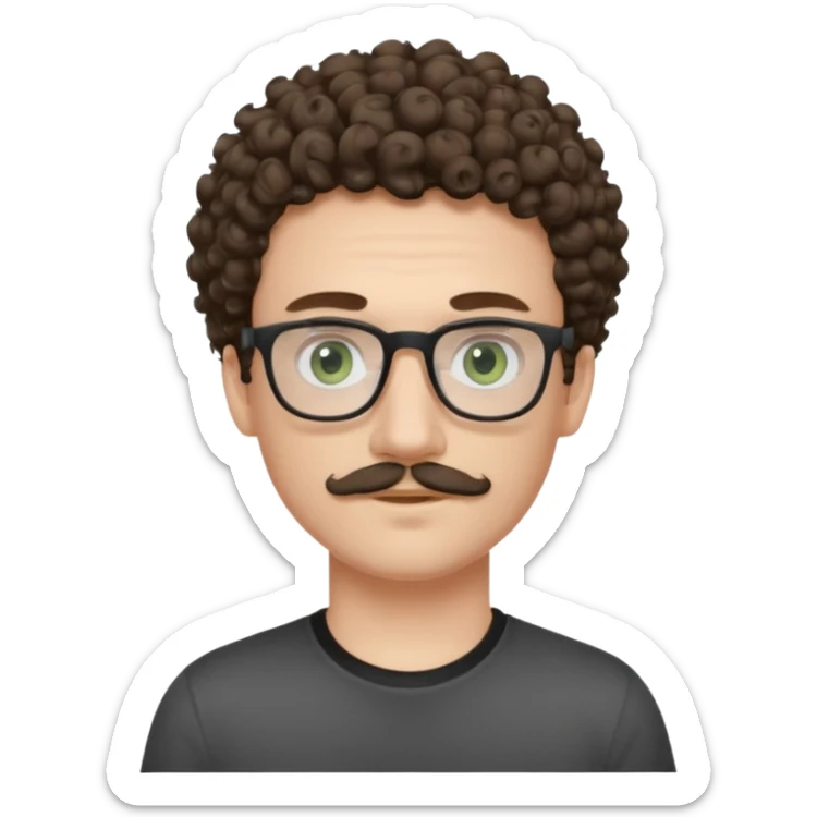 Light brunette curly haired young man with pale skin and glasses. Eyes are greenish grey and he has a moustache. Black t-shirt. sticker