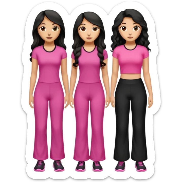 3 olive skin tone best friends. First one wearing pink gym attire modest with long black hair wavy. Second one wearing a pink fitted long maxi dress with curves long black hair and the last one wearing pink casual clothes with brown mid length hair sticker