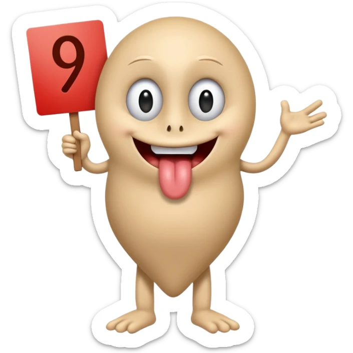 A school that has the number 9 on top of it's eyes holding a sign with the number 9 on the sign with a mouth sticking out his tongue with legs and arms with him being happy full of joy sticker