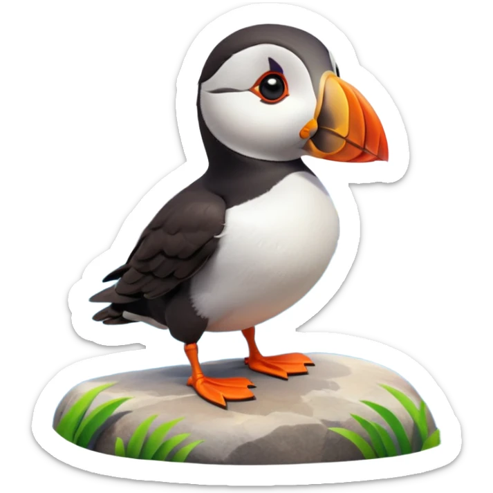 A 3D cartoon puffin bird standing on a rock near the sea, soft daylight, bright colors, realistic Memoji-style. sticker