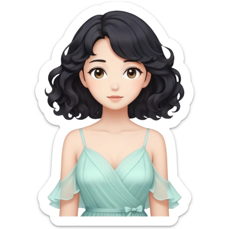 Gorgeous anime lady with elegant black wavy hair wearing a soft flowy feminine dress in pastel colors sticker