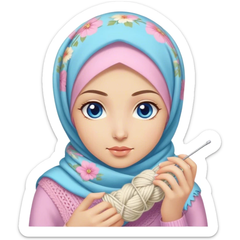Turkish beautiful finish Konya girl blue eyes with pastel floral hijab does knitting  sticker