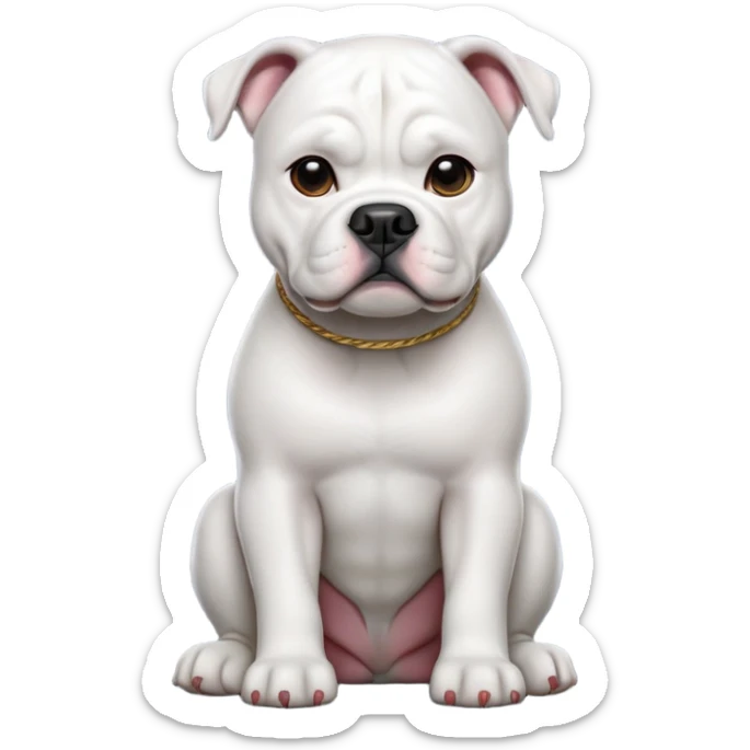 cinematic-[american bulldog]-realistic-full-body-sitting-emoji,-tail-resting-loosely-beside-its-paws,-head-tilted-dramatically,-sleek-[solid white]-fur,-simplified-yet-realistic-focused-features,-highly-detailed,-glowing-with-an-almost-sarcastic-glow sticker