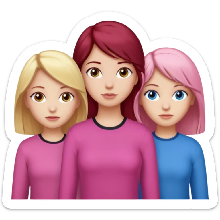 Three girls, one dark red hair with hazel eyes, one blonde with blue eyed and one with black hair and brown eyes, all wear pink sticker