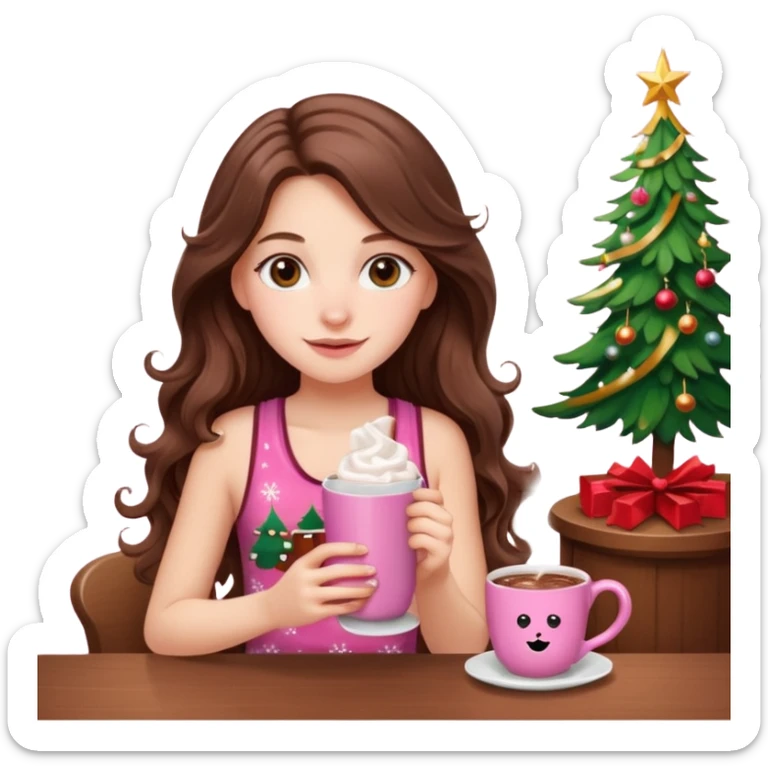 menina branca com cabelos castanhos longos ondulados com xícara rosa na frente com chocolate quente, ela usa blusa de alcinha com estampa de natal sticker