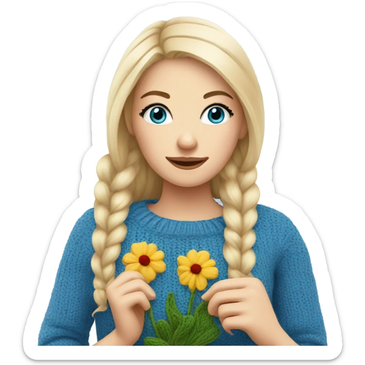 beautiful finnish blonde woman with blue eyes knitting flowers sticker