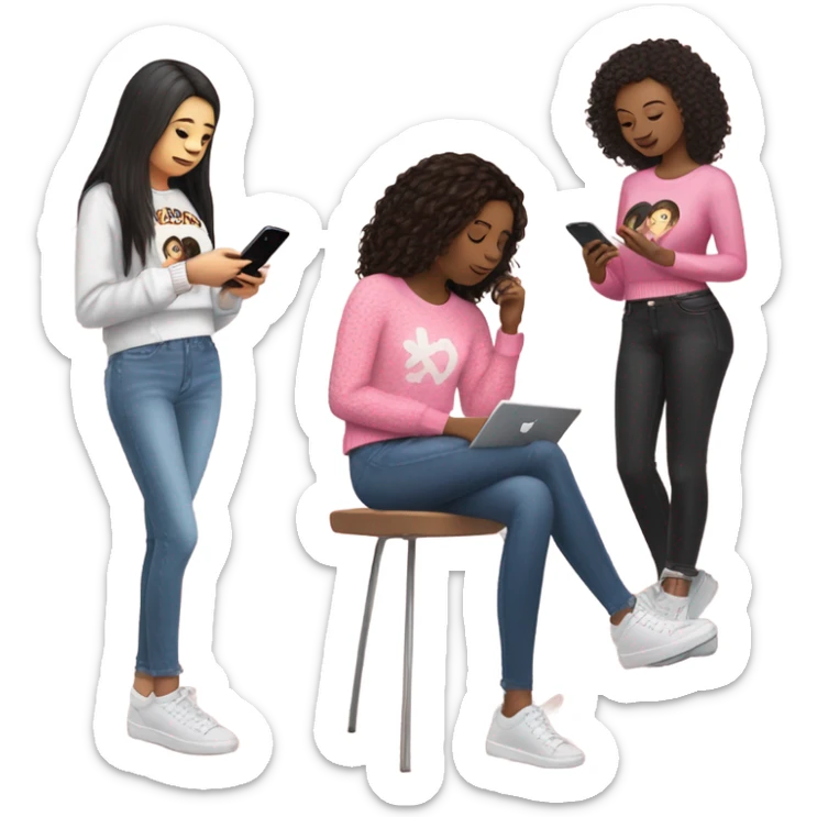 I brown hair girl wearing pink and white sweater and ripped jeans texting to her black hair friend wearing blue and black Shakira lace up croc top  sticker