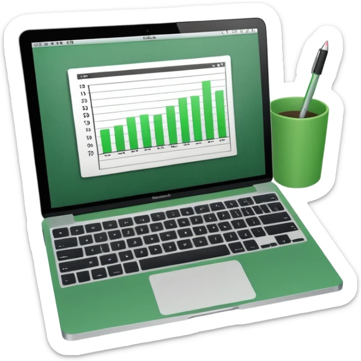 top view of a MacBook and a notebook with a pen nearby, notebook pages filled with handwritten bar charts, green notebook sticker