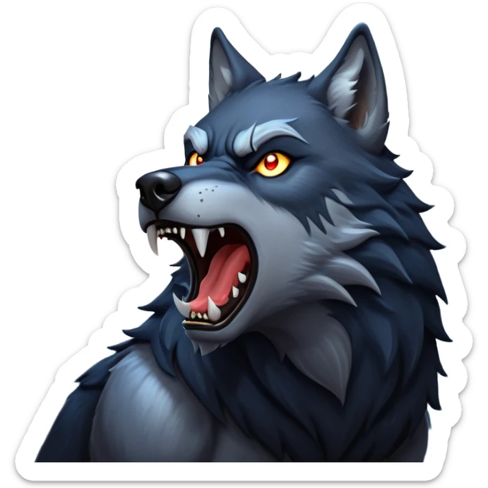 cinematic-noble-fierce-werewolf-howling-portrait-emoji, poised-and-imposing, with a fierce wolfish face tilted upwards in a haunting howl, glowing eyes full of primal ferocity, sharp, and a rugged snout, fur rippling in shades of midnight black and silver, muscles tensed as the powerful howl echoes beneath the moonlit sky; rendered with realism, capturing the raw, untamed power of the beast in its wild, primal state sticker