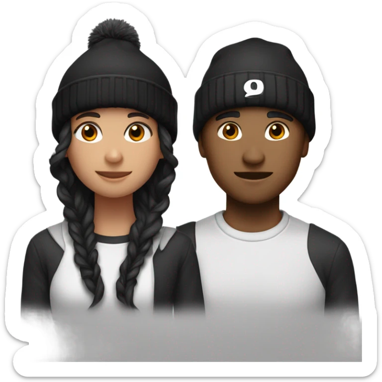 2 best friend, one of them is brown wavy hair in black winter cap, and the othet one is black straight hair with black winter cap sticker