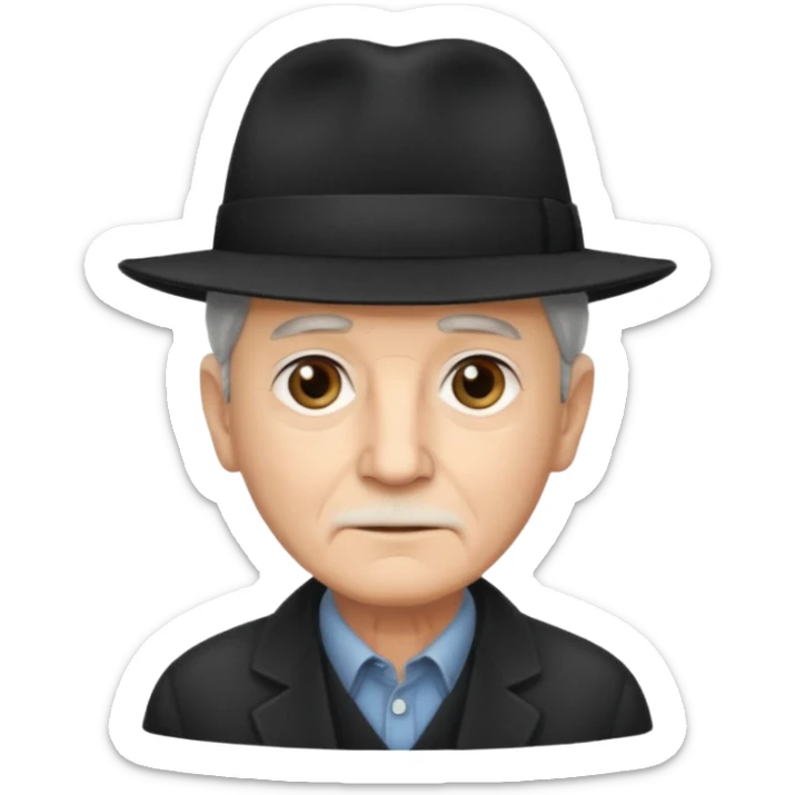 A light-skinned old man with short dark hair, and a black fedora, with an oval face and calm look. sticker