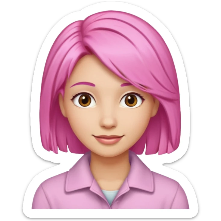 A light-skinned woman with pink hair styled, brown eyes, and a gentle smile. sticker
