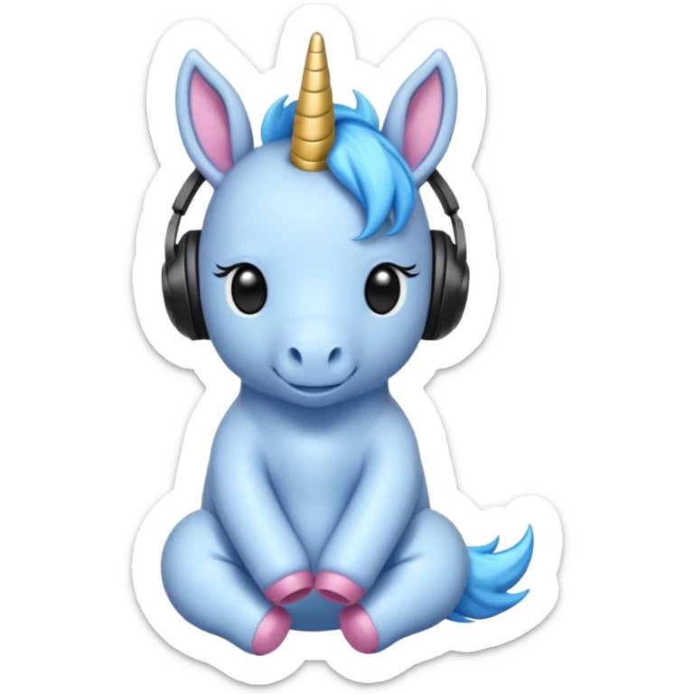 Unicornio bebé azul sentado escuchando música con auriculares negros sticker