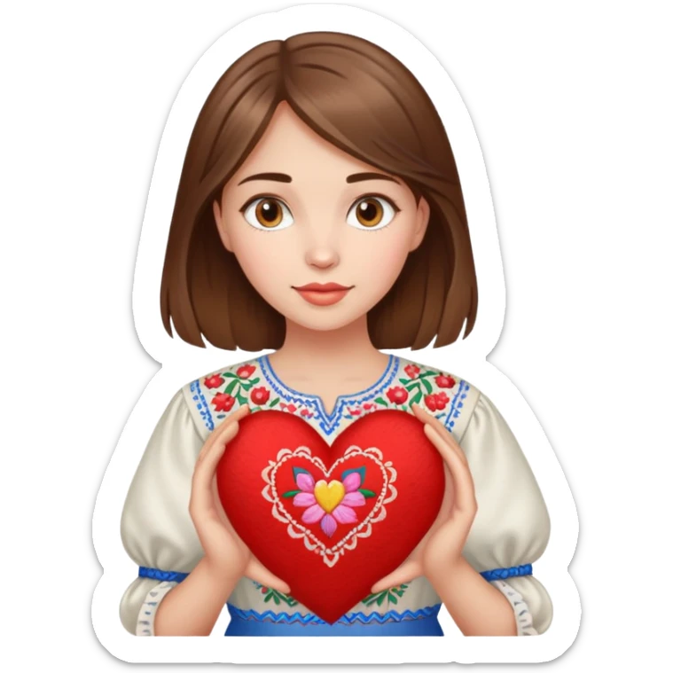 A beautiful young girl with brown hair in a Ukrainian embroidered shirt is holding a large embroidered heart sticker