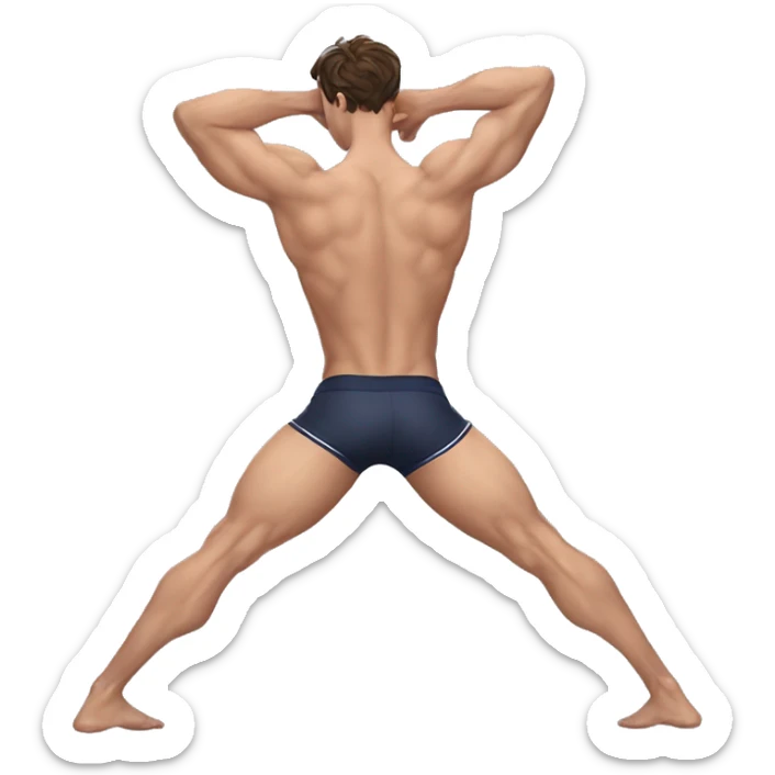 Jacob Elordi in a jock, backwards view, stretching glutes sticker