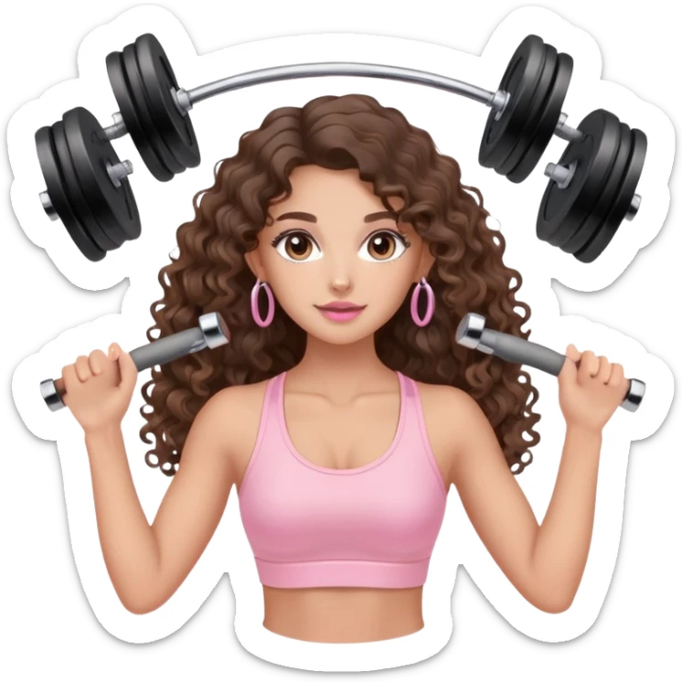 cute balayage brunette long hair curly/wavy haired girl, hoop earrings, clean girl makeup DOING EXERCISE with weights with a cute pastel pink set sticker