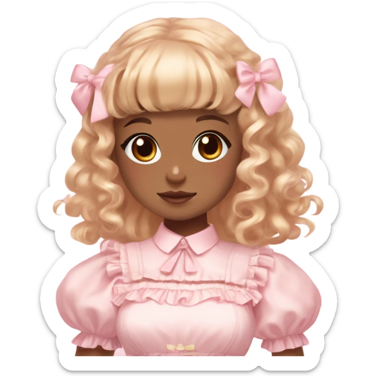 caramel skin girl , who has curly medium length blonde and baby pink swirled hair with bangs , light brown eyes , and doll like makeup , in a light pink lolita hime gyaru dress sticker