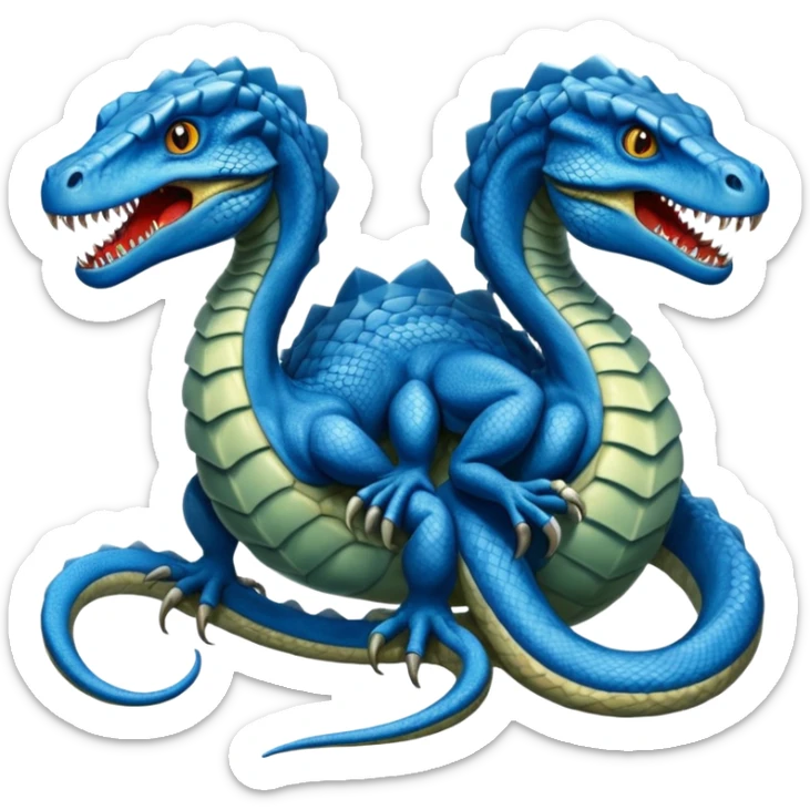 blue hydra, strong reptilian body, like a dinosaure, not like a snake,  with 3 heads rising from its neck sticker