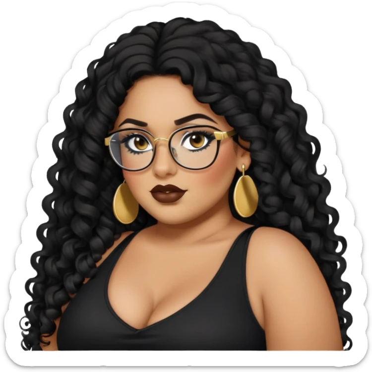 big plus size, latina, darker tan skin, long black curly hair, baddie,pretty, makeup, lipgloss, black eyeliner, long hair, small gold earrings, black top, black glasses sticker