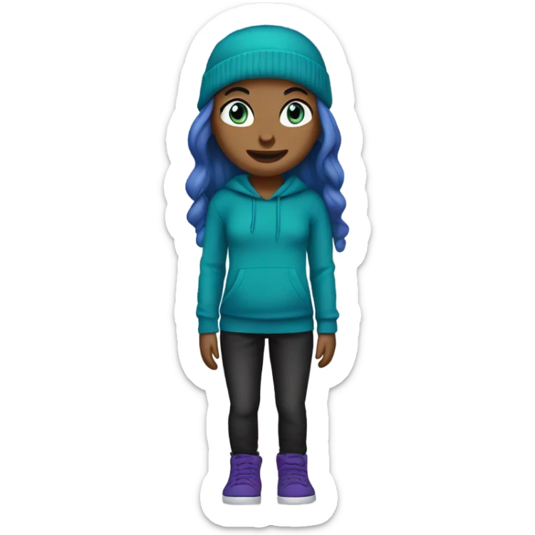 White girl, blue eyes, long teal hair, purple beanie hat, black hoodie, blue jeans, black shoes sticker