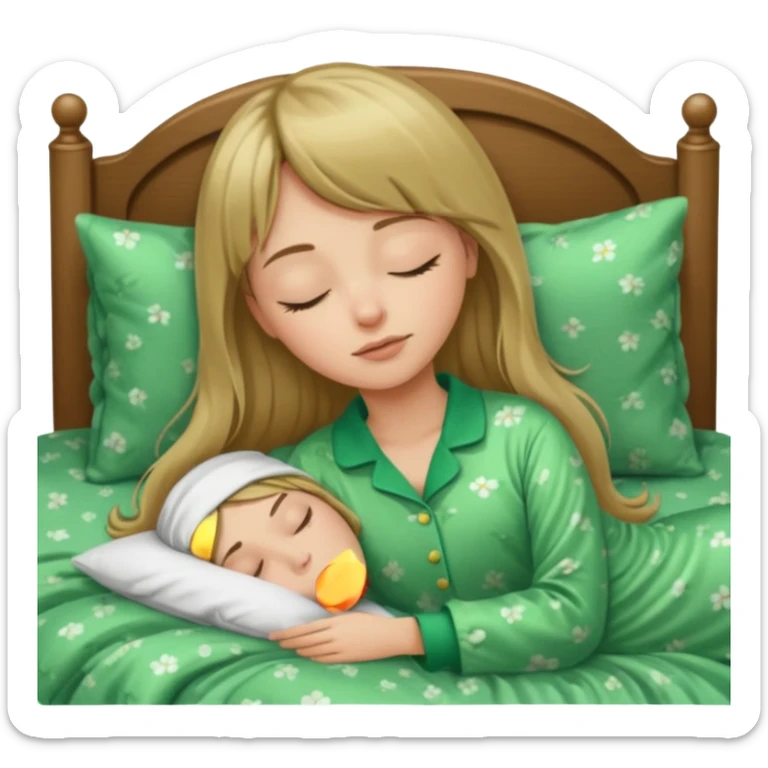 Young woman with long dark blond hair and a bang sleeping in bed  with green pyjama sticker
