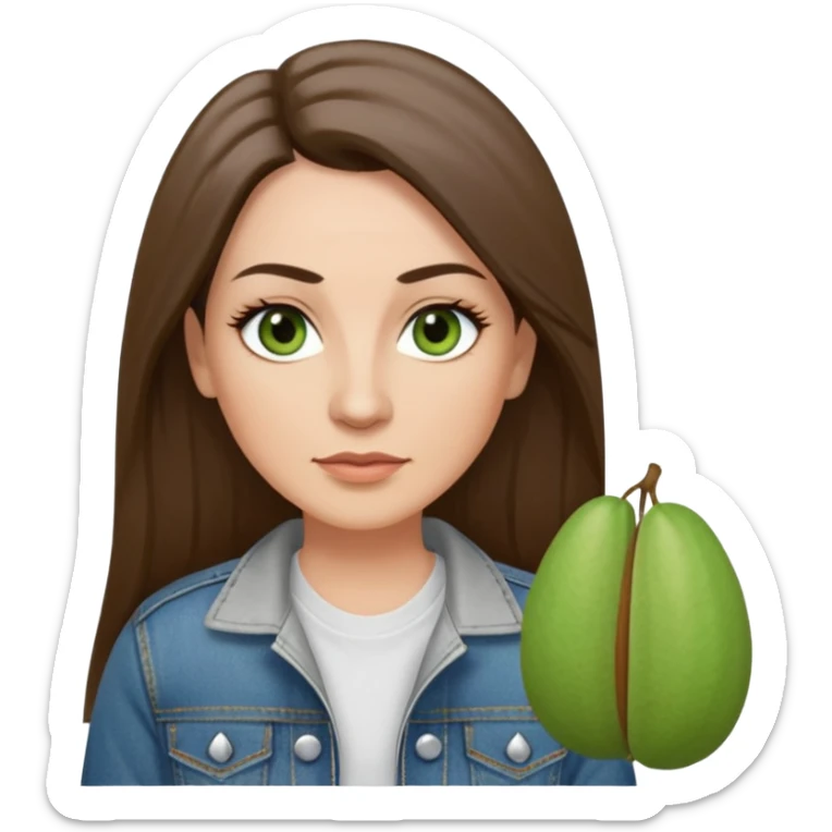 43 year old Adult woman avatar, light skin tone, long, oval face, long straight ashy brown hair, green almond-shaped eyes with dramatic eyelashes and minimal eyeliner, neutral mouth, medium straight eyebrows, small nose, smooth skin,  white t shirt, denim jacket sticker