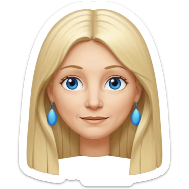 50 yr old white woman, hippe part bangs, very long straight blond hair, oval face, small smile, blue eyes, thin face, hair downback, hair parted at center of head, round cheeks, pale, longer hair sticker