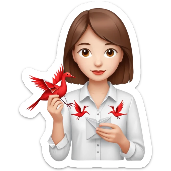 Happy Ukrainian young girl with brown hair in a white embroidered shirt holds an origami red crane sticker