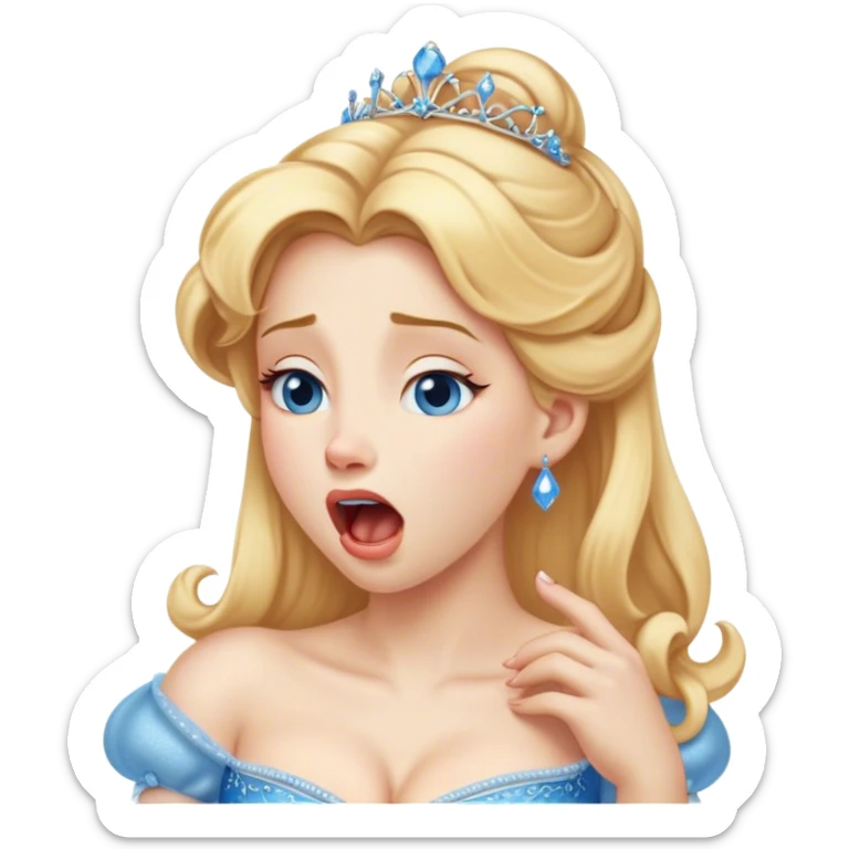 Cinematic Realistic Yawning Cinderella Portrait, showcasing lifelike porcelain skin and intricately detailed golden-blonde hair styled flawlessly as she mid-yawn reveals a moment of tender vulnerability. Her half-closed blue eyes and relaxed expression are rendered with natural, soft lighting that emphasizes the subtle textures of her face and the detailed, flowing fabric of her iconic gown. The scene glows with a cozy, authentic warmth that captures a rare, intimate moment of repose. sticker