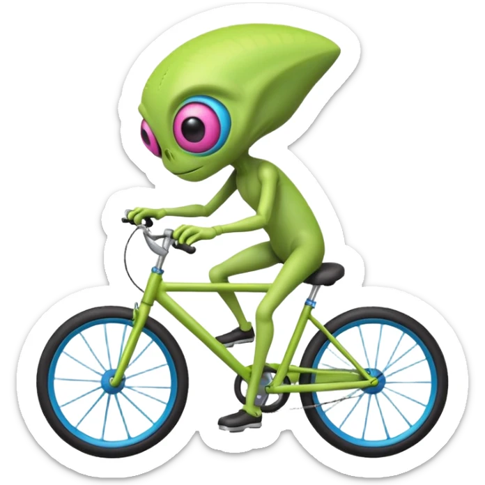 one-eyed alien riding a bicycle, large single eye, colorful skin, funny balance pose, cute sci-fi style, 3D cartoon, mobile game icon style, clean background, no text, no watermark
 sticker