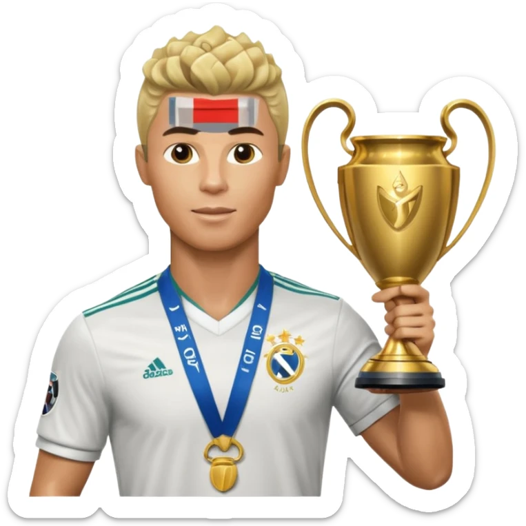 Cristiano Ronaldo holfing the champions league with noodle hair a bit longer noodle hair with a bit of blonde highlights and tge hair xoming down a bit sticker