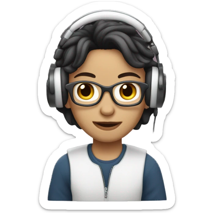 White-skinned firlancer with dark hair works on a laptop in headphones sticker
