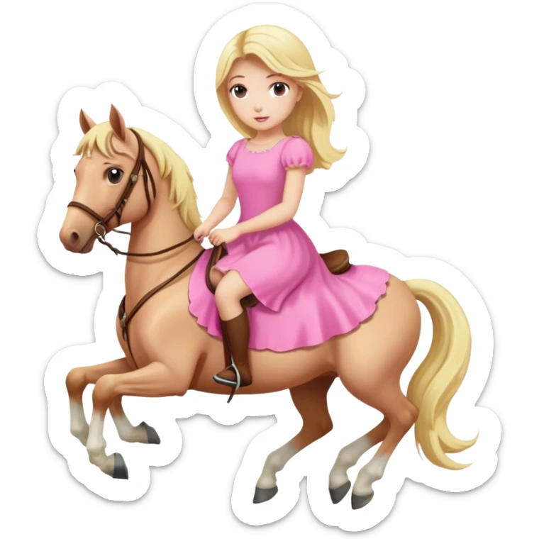 a blonde girl wearing pink dress and riding a horse  sticker